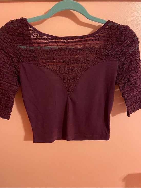 kimichi blue Tops - Lace-Trimmed Purple Sweetheart Crop Top
